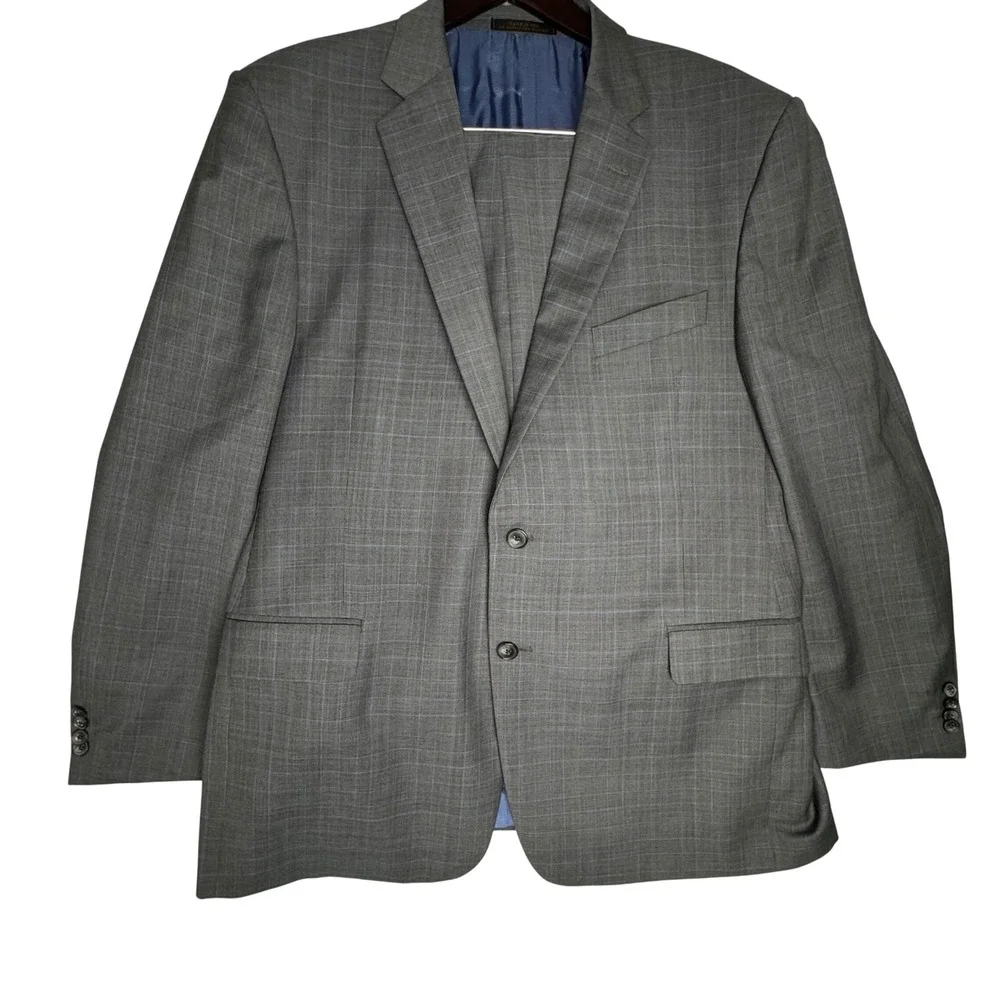 Jos A Bank Reserve Ermenegildo Zegna Wool Suit 46R 38R Grey Blue Plaid Made USA